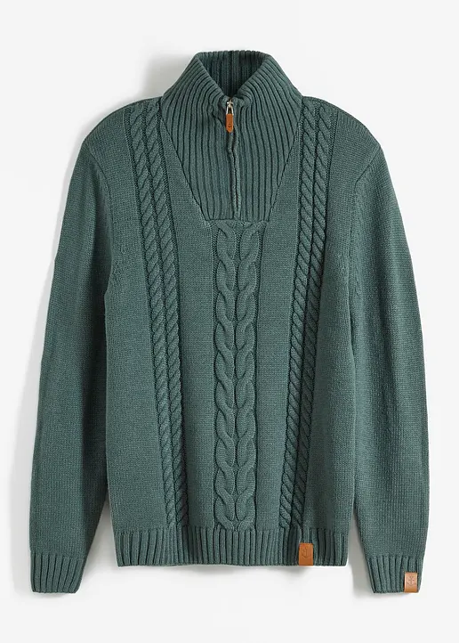 bonprix Toller Pullover mit Zopfmuster und schönen Kunstleder-Details maschinenwaschbar