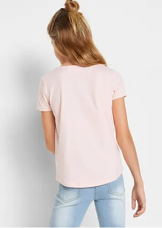 Bonprix Tolles Mädchen T-Shirt Mit Print - Hellgrau Meliert + Puderrosa