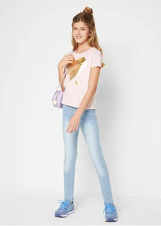 Bonprix Tolles Mädchen T-Shirt Mit Print - Hellgrau Meliert + Puderrosa