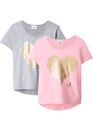 bonprix Tolles Mädchen T-Shirt mit Print - hellgrau meliert + puderrosa