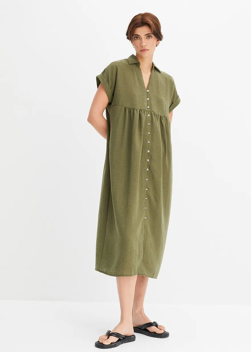 Bonprix Tolles Midi-Blusenkleid Im Leinenlook - Grün - Damen
