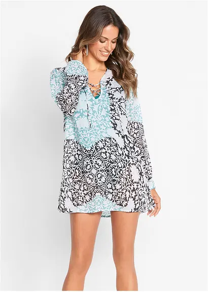 Bonprix Transparente Tunika Mit Schnürung Und Trompetenärmeln - Blau