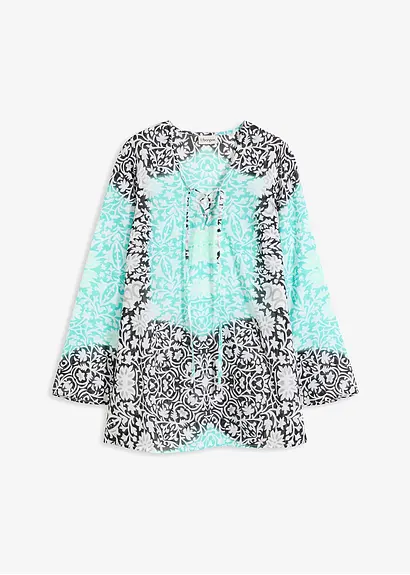 bonprix Transparente Tunika mit Schnürung und Trompetenärmeln - blau