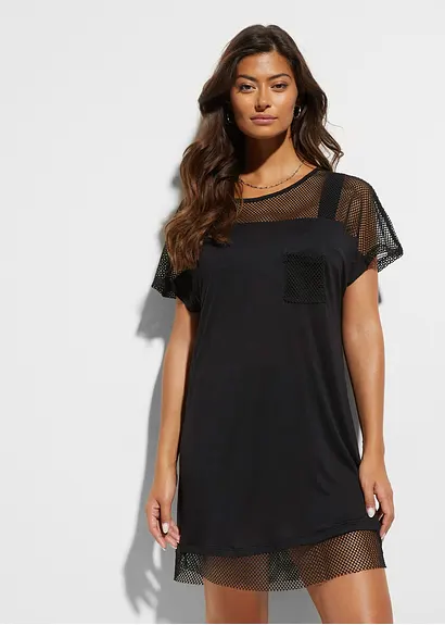Bonprix Transparentes Strandshirt Mit Halbem Arm - Schwarz