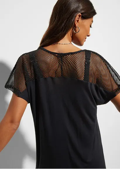 Bonprix Transparentes Strandshirt Mit Halbem Arm - Schwarz