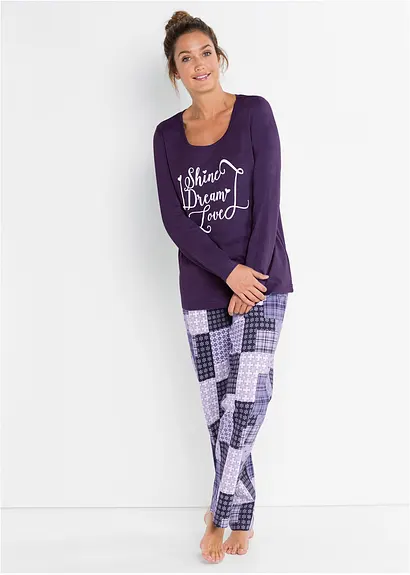 Bonprix Traumhafter Pyjama Mit Patchwork-Anmutung - Dunkellila Bedruckt