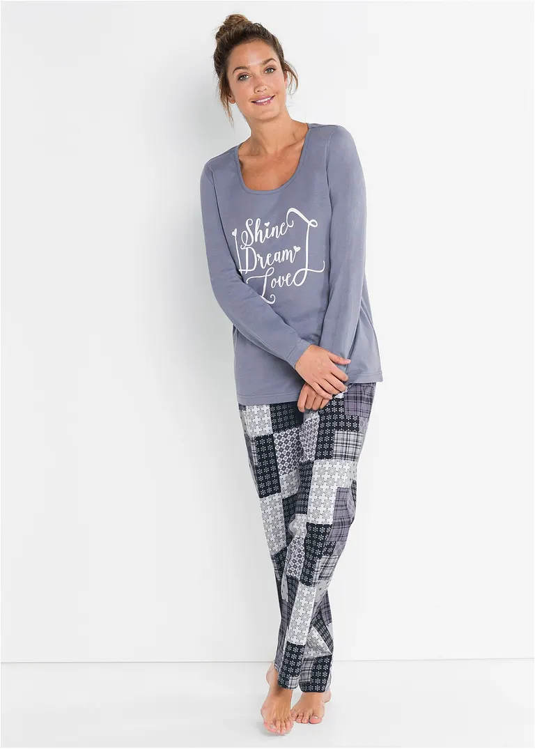 Bonprix Traumhafter Pyjama Mit Patchwork-Anmutung - Mattblau Bedruckt