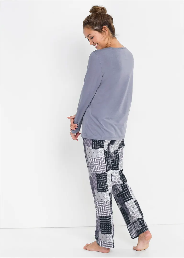 Bonprix Traumhafter Pyjama Mit Patchwork-Anmutung - Mattblau Bedruckt