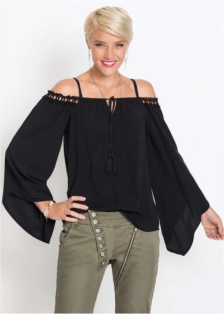 Bonprix Trendige Bluse Mit Spitzenborte - Schwarz - Damen