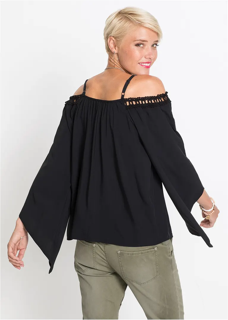 Bonprix Trendige Bluse Mit Spitzenborte - Schwarz - Damen