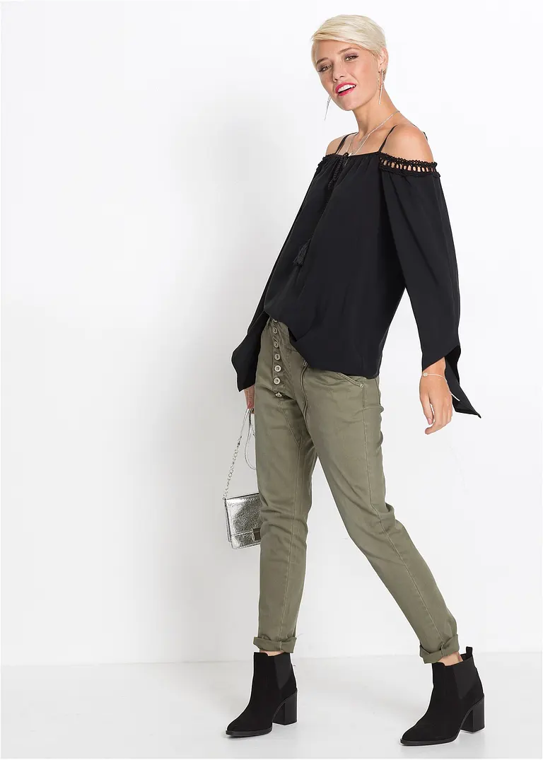 Bonprix Trendige Bluse Mit Spitzenborte - Schwarz - Damen