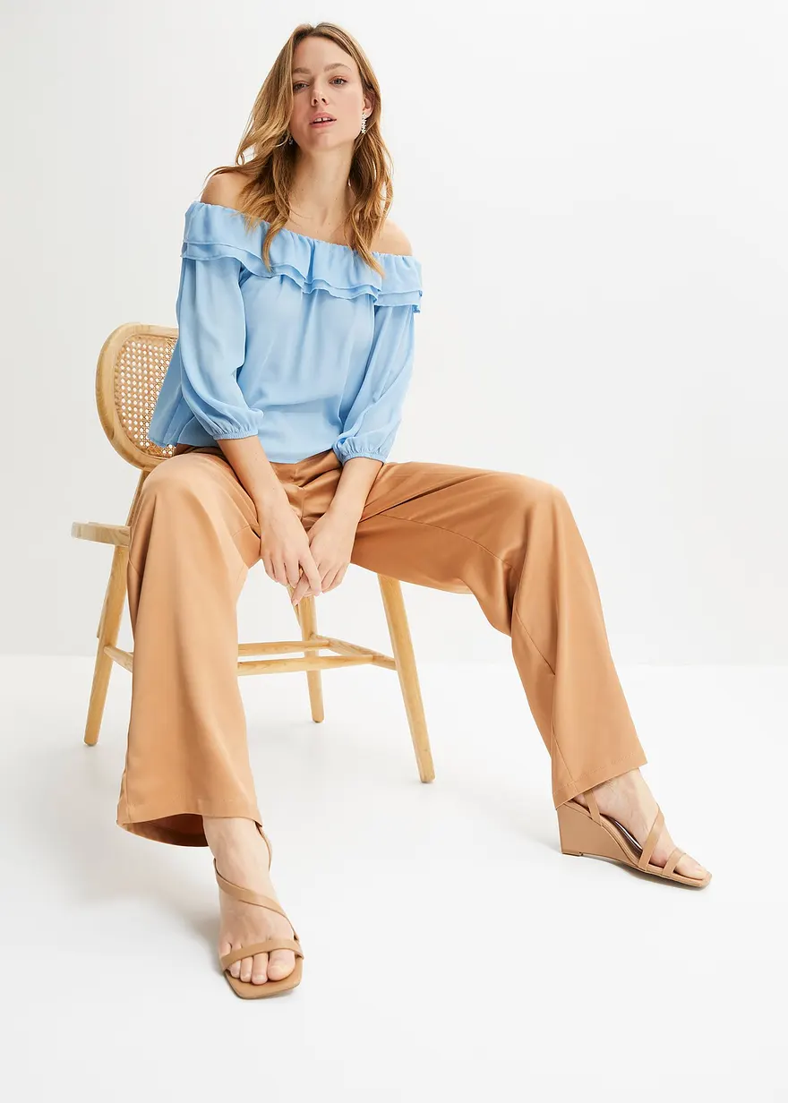 Bonprix Trendige Carmenbluse Mit Rüschen - Blau - Damen