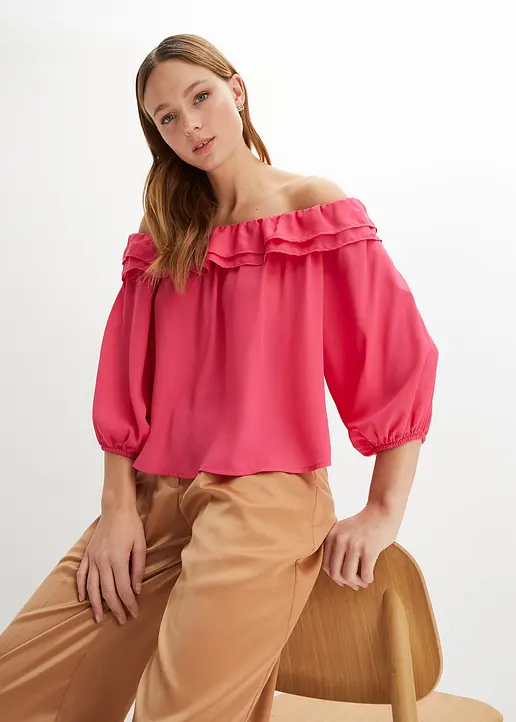 Bonprix Trendige Carmenbluse Mit Rüschen - Pink - Damen