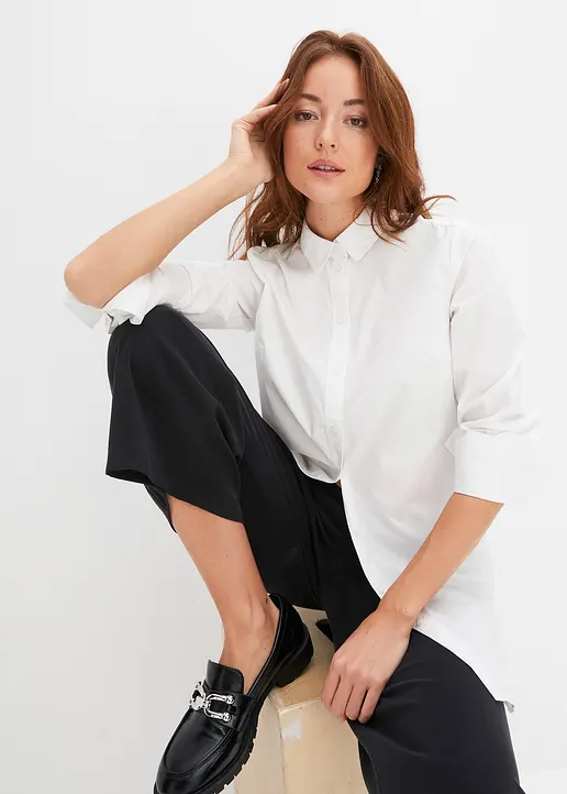 Bonprix Trendige Longbluse Mit Breiten Ärmelmanschetten. - Weiß