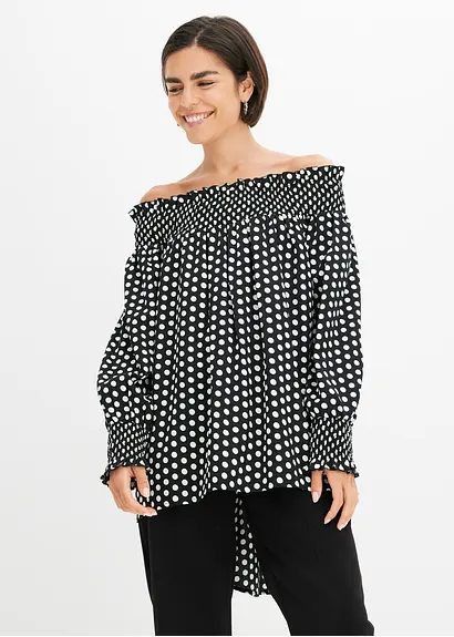Bonprix Trendige Vokuhila-Bluse Mit Rüschen - Schwarz - Damen