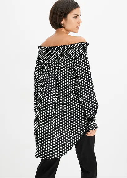 Bonprix Trendige Vokuhila-Bluse Mit Rüschen - Schwarz - Damen