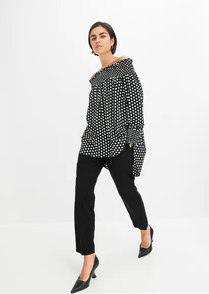 Bonprix Trendige Vokuhila-Bluse Mit Rüschen - Schwarz - Damen