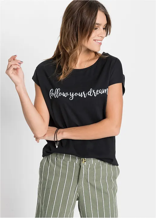 Bonprix Trendiges Shirt Mit Druck Und Abgerundetem Rücksaum - Schwarz