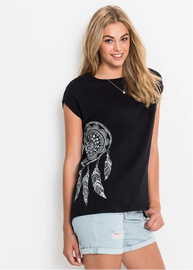 Bonprix Trendiges Shirt Mit Druck Und Abgerundetem Rücksaum - Schwarz