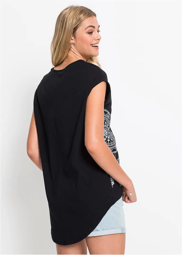 Bonprix Trendiges Shirt Mit Druck Und Abgerundetem Rücksaum - Schwarz