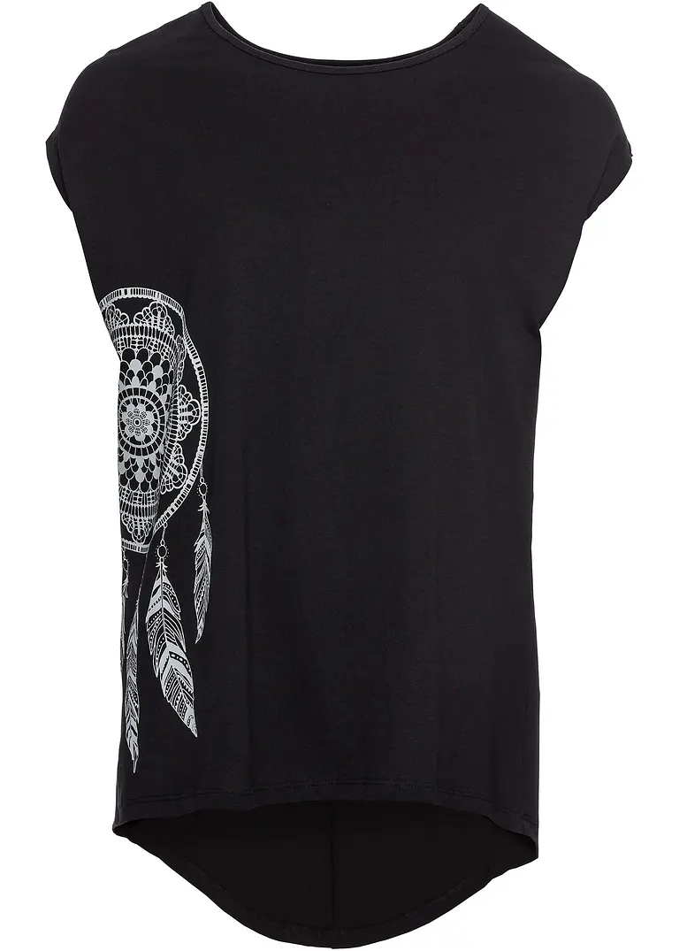 bonprix Trendiges Shirt mit Druck und abgerundetem Rücksaum - schwarz