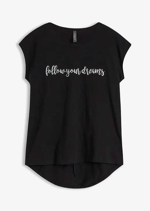 bonprix Trendiges Shirt mit Druck und abgerundetem Rücksaum - schwarz