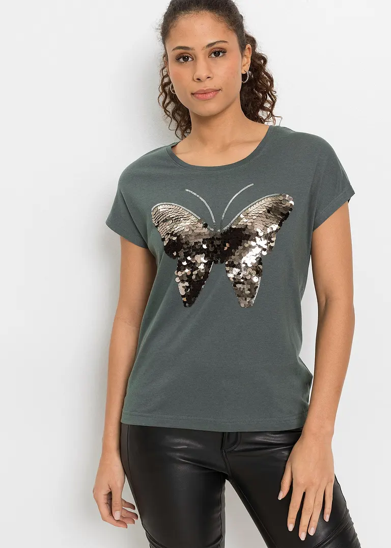 Bonprix Trendiges Shirt Mit Paillettenverzierung - Grün - Damen