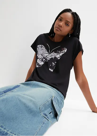 Bonprix Trendiges Shirt Mit Paillettenverzierung - Schwarz