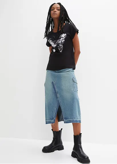 Bonprix Trendiges Shirt Mit Paillettenverzierung - Schwarz