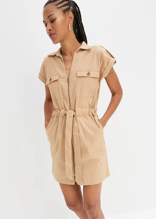 Bonprix Trendiges Twill-Kleid Mit Cargo-Details Und Verstellbaren Bindeband In Der Taille In Legerer Passform
