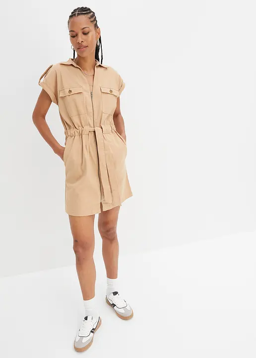 Bonprix Trendiges Twill-Kleid Mit Cargo-Details Und Verstellbaren Bindeband In Der Taille In Legerer Passform