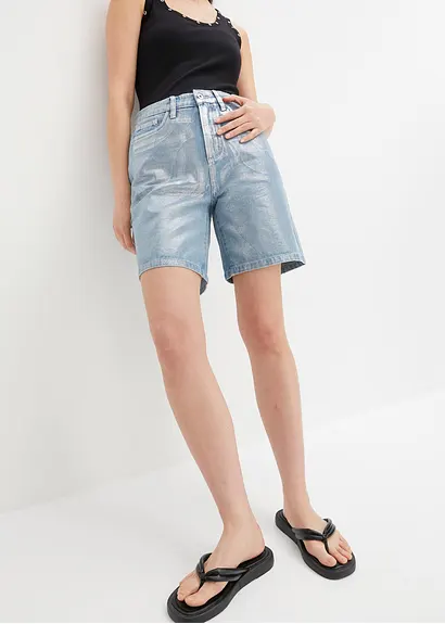 Bonprix Trendy Jeans-Bermuda Mit Angesagtem Glanz-Coating - Blau - Damen