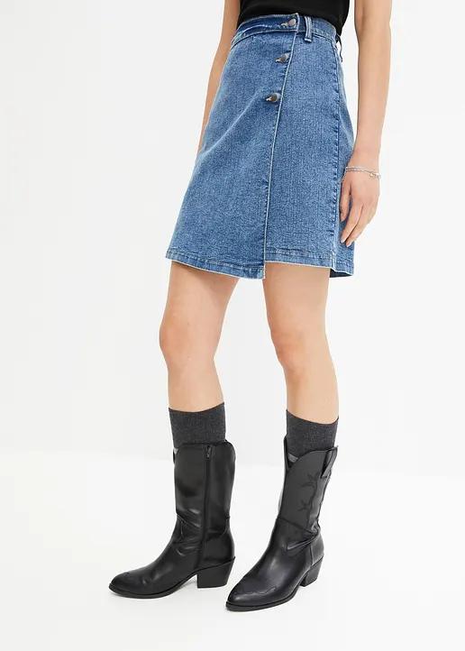 Bonprix Trendy Jeansrock Mit Wickeldetail Und Knöpfen - Blau