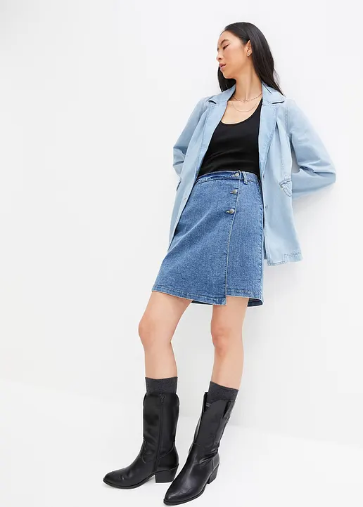 Bonprix Trendy Jeansrock Mit Wickeldetail Und Knöpfen - Blau