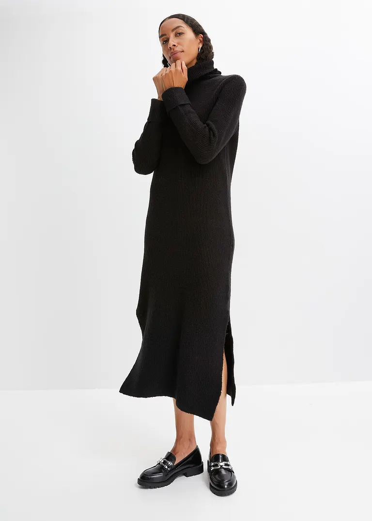 Bonprix Trendy Kleid Aus Feinem Strick Mit Schlitz - Schwarz