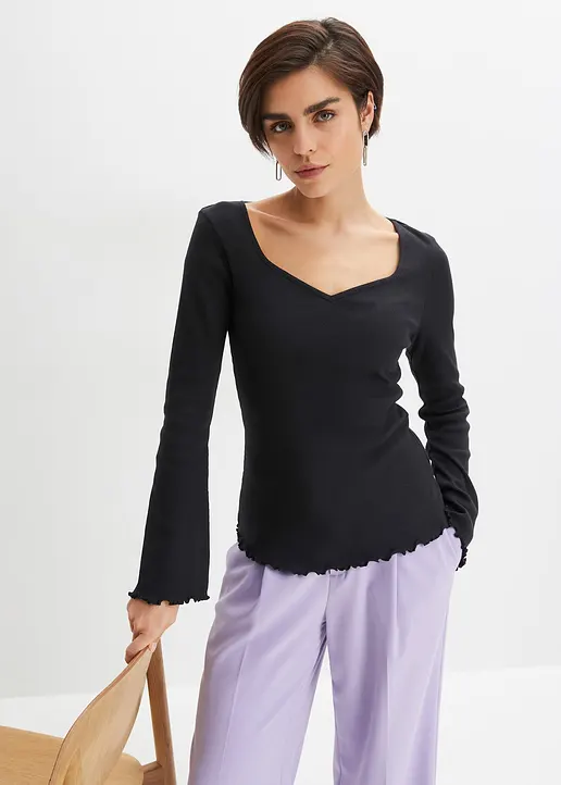 Bonprix Trendy Rippshirt Mit Herz-Ausschnitt - Schwarz - Damen