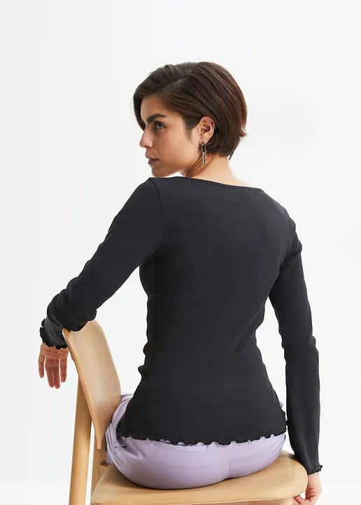 Bonprix Trendy Rippshirt Mit Herz-Ausschnitt - Schwarz - Damen