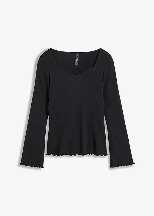 bonprix Trendy Rippshirt mit Herz-Ausschnitt - schwarz - Damen