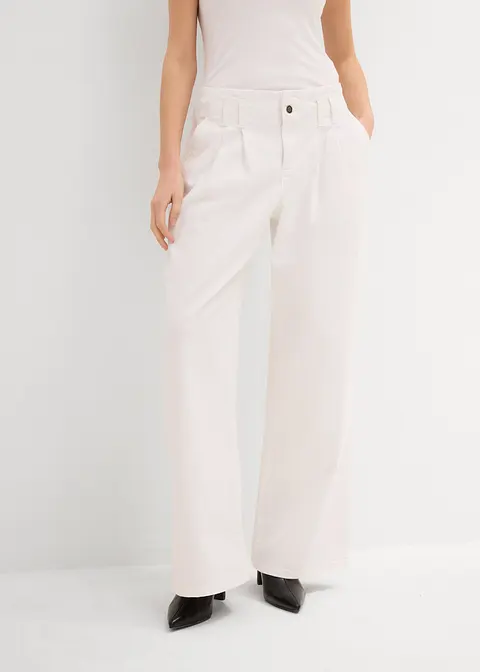 Bonprix Trendy Wide Leg Jeans Low Waist Mit Falten-Details - Weiß Petite