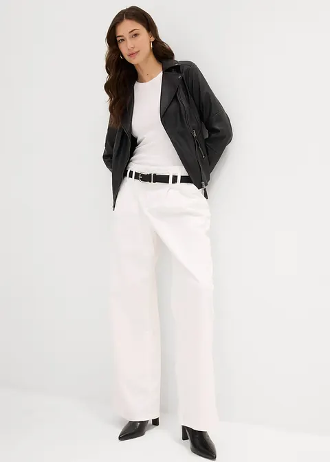 Bonprix Trendy Wide Leg Jeans Low Waist Mit Falten-Details - Weiß Petite