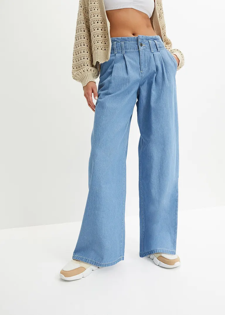 Bonprix Trendy Wide Leg Jeans Low Waist Mit Falten-Details - Blau Petite