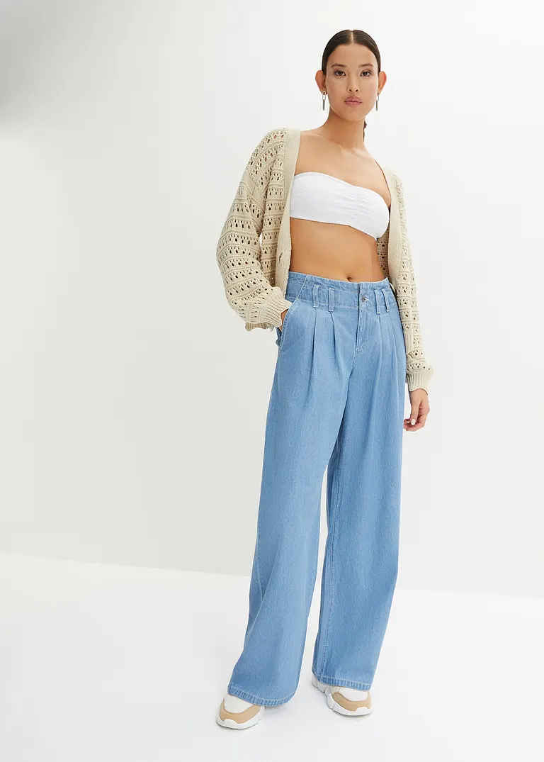 Bonprix Trendy Wide Leg Jeans Low Waist Mit Falten-Details - Blau Petite