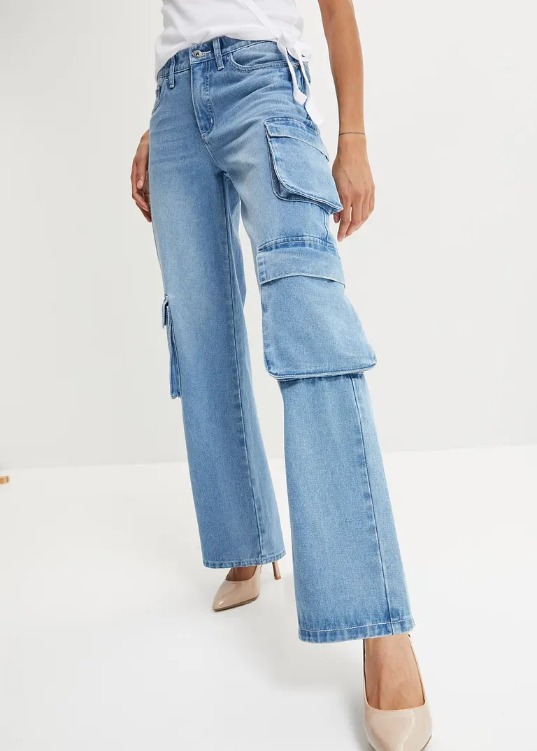 Bonprix Trendy Wide Leg Jeans Mit Cargo-Taschen - Blau Regular