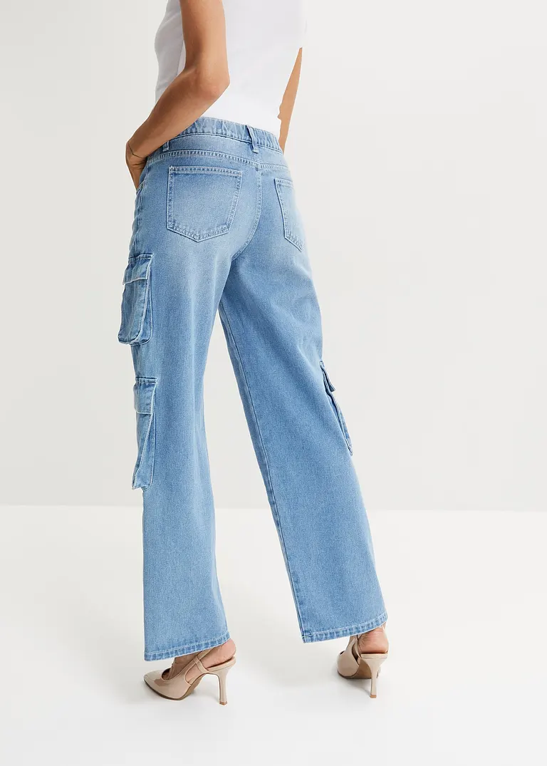 Bonprix Trendy Wide Leg Jeans Mit Cargo-Taschen - Blau Regular