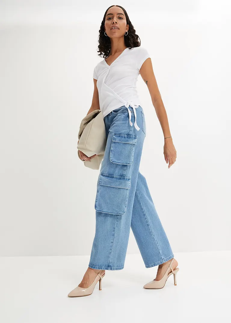 Bonprix Trendy Wide Leg Jeans Mit Cargo-Taschen - Blau Regular