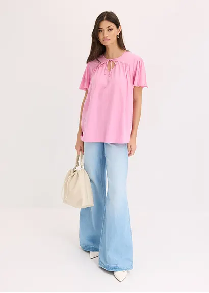 Bonprix V-Ausschnitt Shirt Mit Bindeband - Rosa - Damen