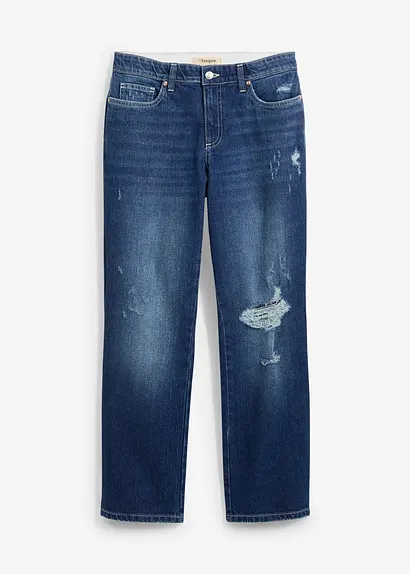 bonprix Verkürzte Straight Jeans mit Used Effekt - blau regular - Damen