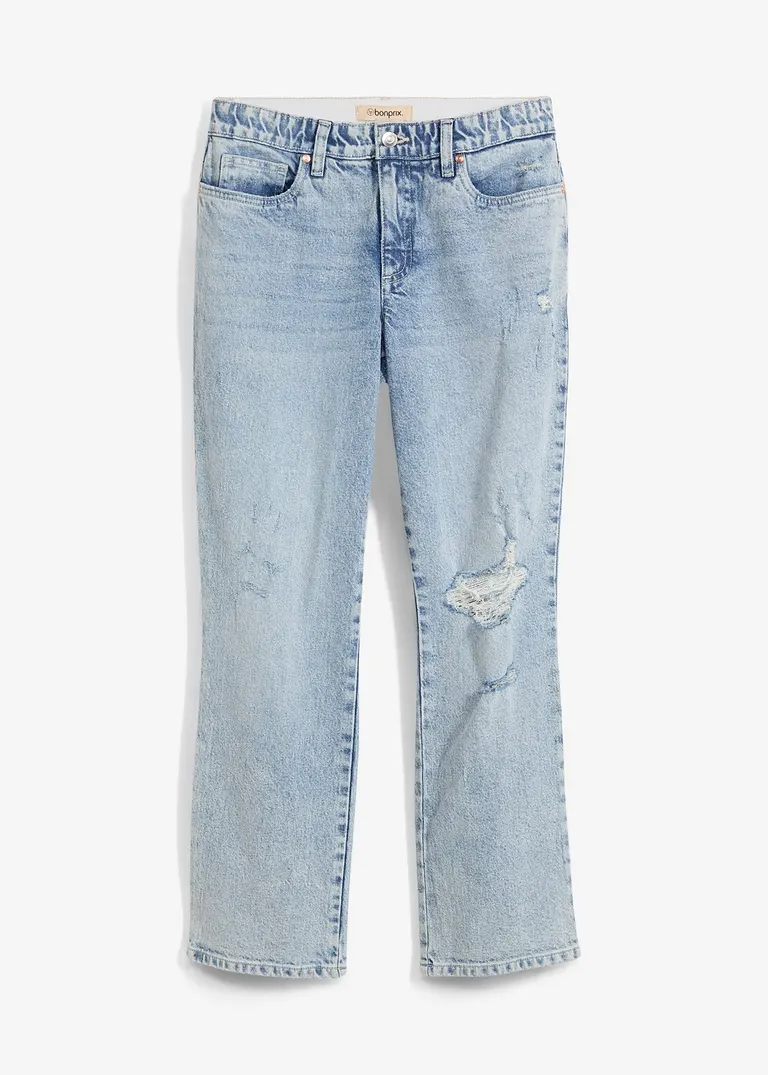 bonprix Verkürzte Straight Jeans mit Used Effekt - blau regular - Damen