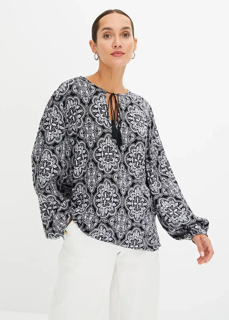 Bonprix Verspielt Und Modern: Bluse Mit Schnürung Am Kragen - Schwarz