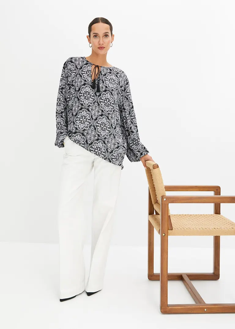 Bonprix Verspielt Und Modern: Bluse Mit Schnürung Am Kragen - Schwarz